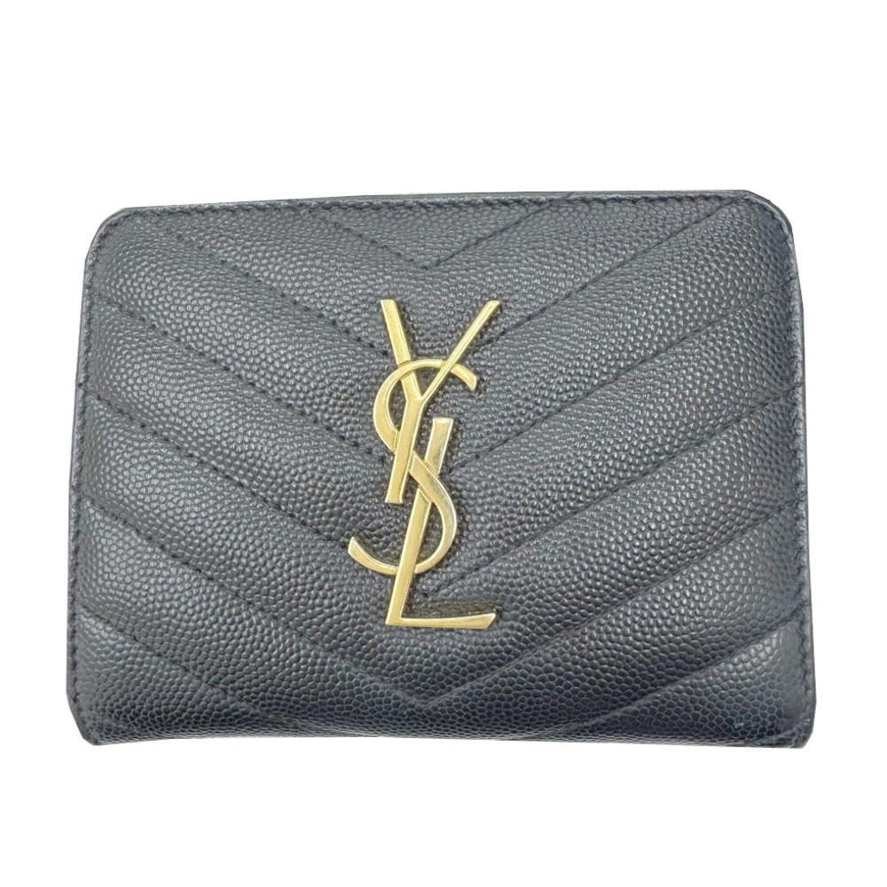 Saint Laurent Monogram Compact Zip Around Wallet Stitch Leather Round Black